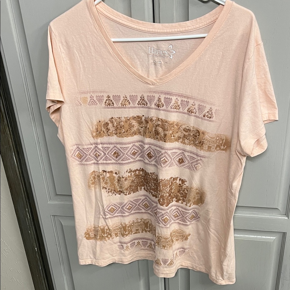 Hanes Blush Pink V-Neck Short Sleeve Tee with Metallic Gold Graphic